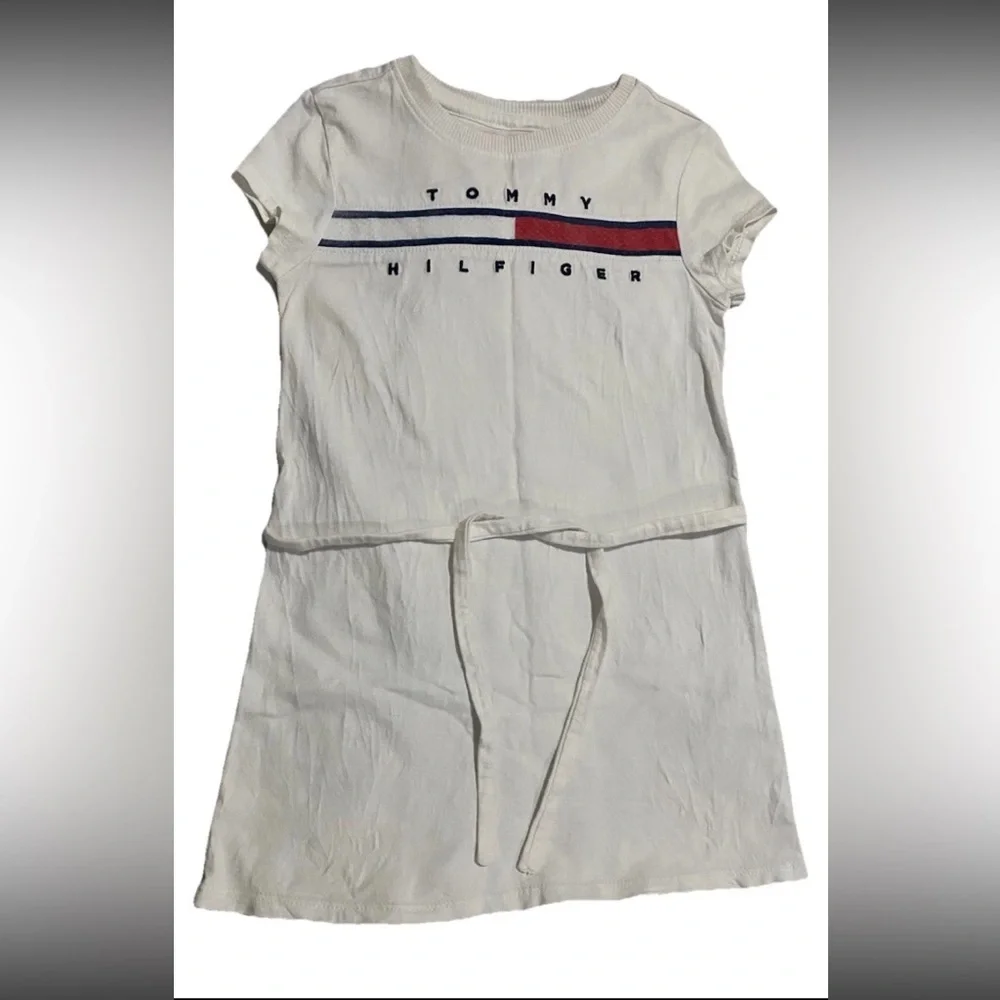 Tommy Hilfiger Girls Size 4 T-Shirt Dress White Red Blue Cotton Short Sleeve